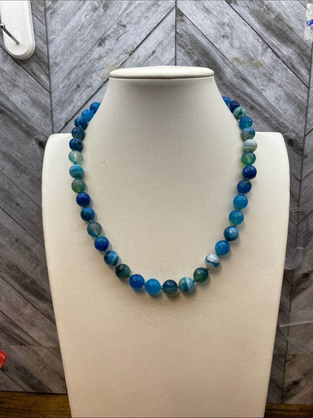 Blue Banded Agate Beaded Necklace 18 inch hand knotted Aprilsplace